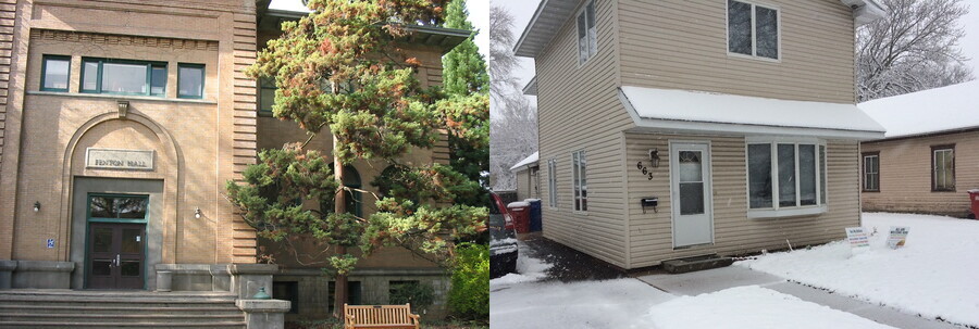 Two photographs: on the left is a brown university campus building with stairs in front and a sign that says Fenton Hall. There is a conifer tree in front. On the right is a two-story house with beige siding. The ground is covered in snow.