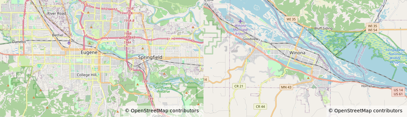Two maps from OpenStreetMap. One is a low-resolution map of Eugene, Oregon. The other is a low-resolution map of Winona, Minnesota